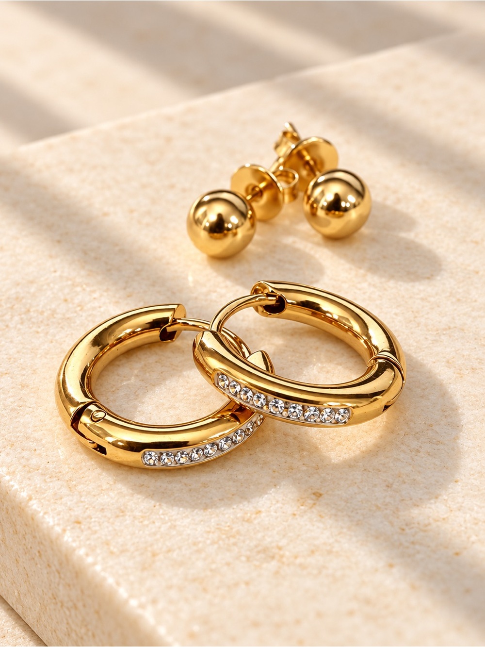 Gold Plated Crystal-Accented Hoop Earrings and stud earrings